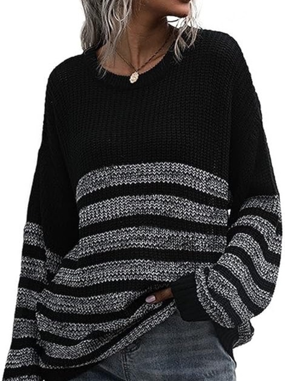 Black & Gray Striped Knit Sweater - Women
